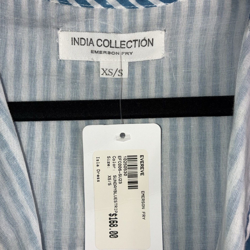 India Collection Emerson Fry Isla Dress Sunday Stripe Blue White Tiered Mini XS - Picture 2 of 8